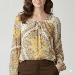 🟣 Sz S Cleo Mustard Yellow Paisley Women's Top Blouse